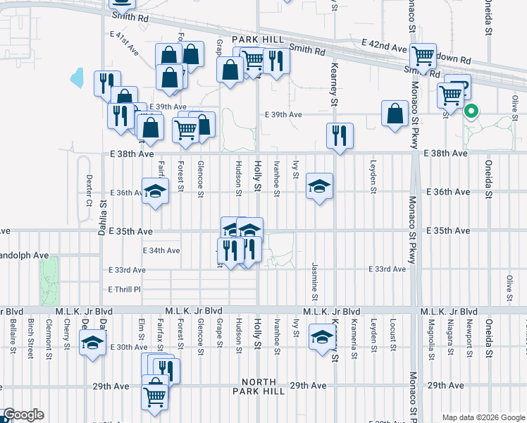 map of restaurants, bars, coffee shops, grocery stores, and more near 3540 Holly Street in Denver