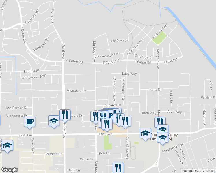 map of restaurants, bars, coffee shops, grocery stores, and more near 2840 Swallowtail Way in Chico