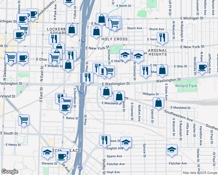 map of restaurants, bars, coffee shops, grocery stores, and more near 1033e East Washington Street in Indianapolis