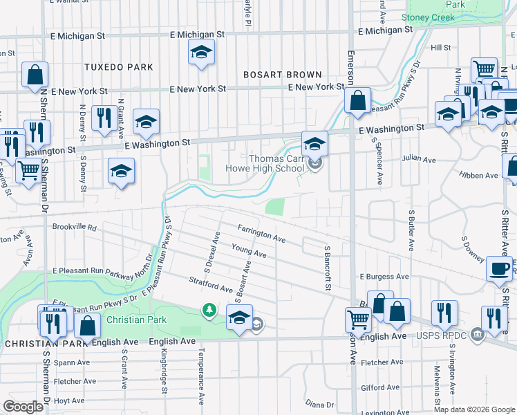 map of restaurants, bars, coffee shops, grocery stores, and more near 4800 East Washington Street in Indianapolis