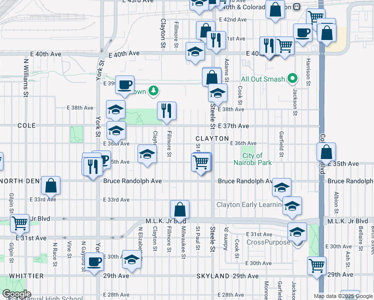 map of restaurants, bars, coffee shops, grocery stores, and more near 3540 Milwaukee Street in Denver