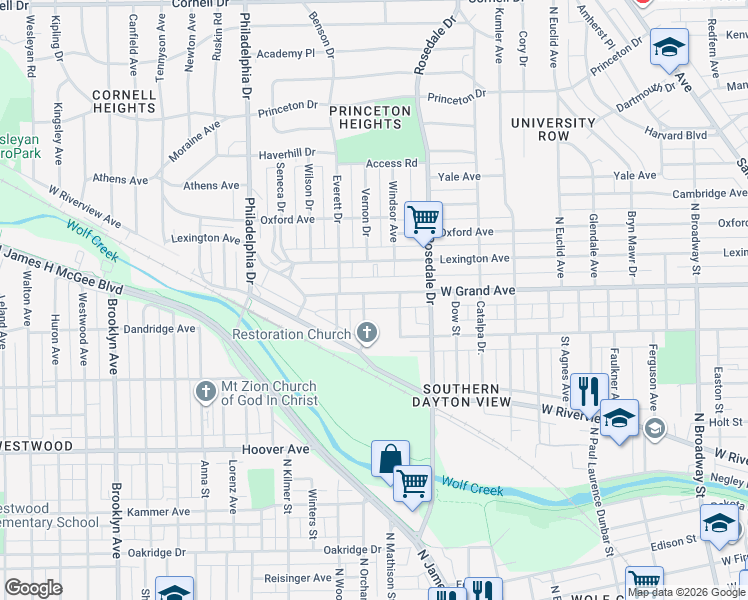 map of restaurants, bars, coffee shops, grocery stores, and more near 1942 West Grand Avenue in Dayton