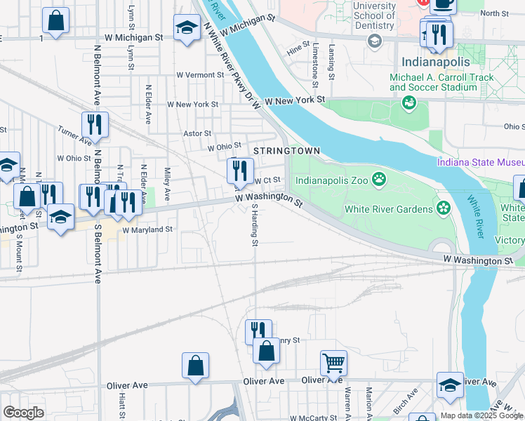 map of restaurants, bars, coffee shops, grocery stores, and more near 55 North Harding Street in Indianapolis