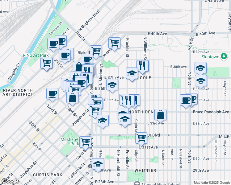 map of restaurants, bars, coffee shops, grocery stores, and more near 3539 Humboldt Street in Denver