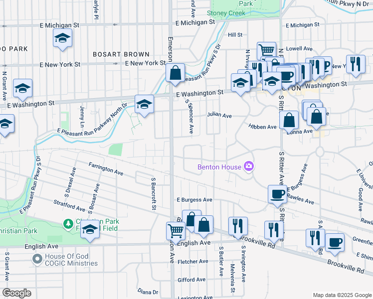 map of restaurants, bars, coffee shops, grocery stores, and more near 5133 Atherton North Drive in Indianapolis