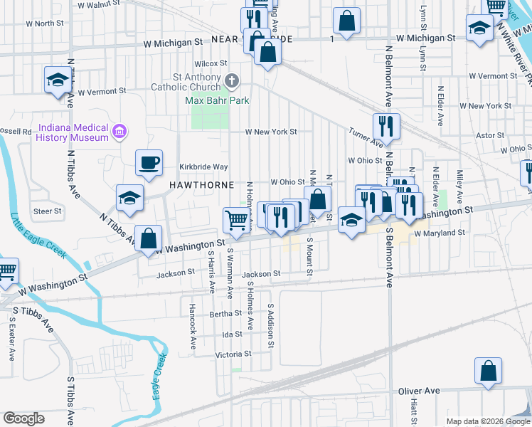 map of restaurants, bars, coffee shops, grocery stores, and more near 39 North Holmes Avenue in Indianapolis