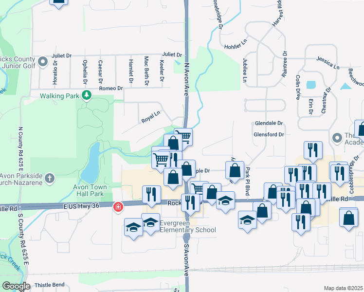 map of restaurants, bars, coffee shops, grocery stores, and more near 261 North Avon Avenue in Avon