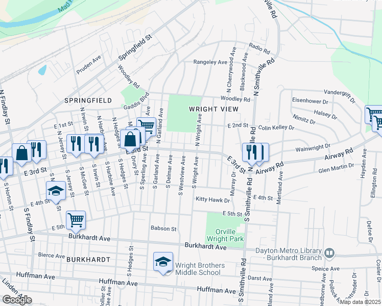map of restaurants, bars, coffee shops, grocery stores, and more near 3816 East 3rd Street in Dayton