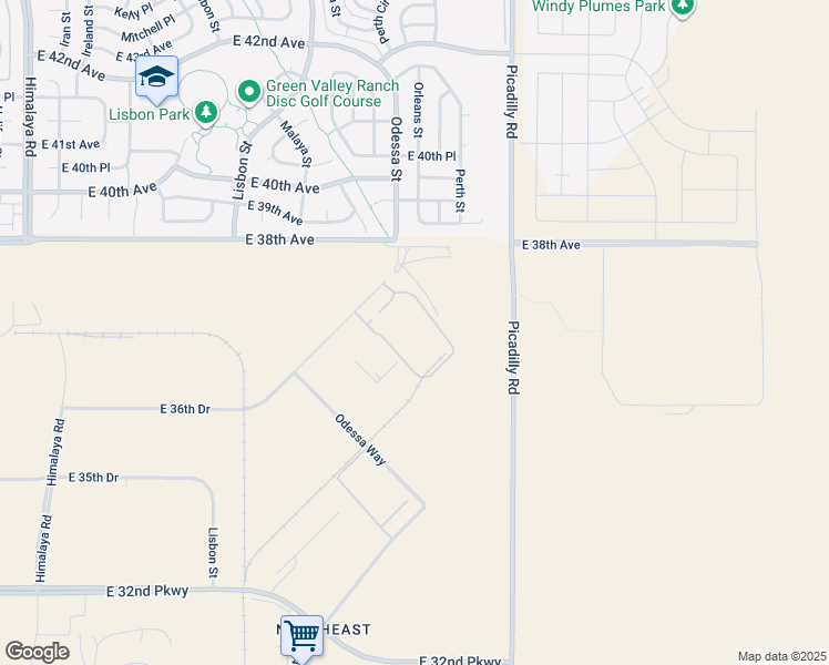 map of restaurants, bars, coffee shops, grocery stores, and more near 21250 East 36th Drive in Aurora