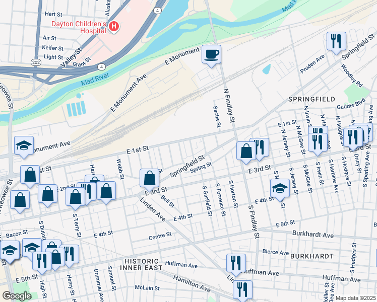 map of restaurants, bars, coffee shops, grocery stores, and more near 127 North Garfield Street in Dayton