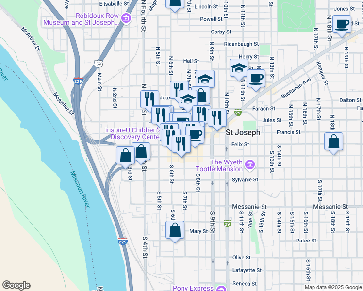 map of restaurants, bars, coffee shops, grocery stores, and more near 624 Felix Street in Saint Joseph