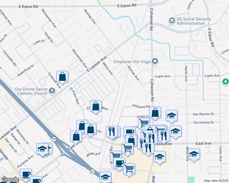 map of restaurants, bars, coffee shops, grocery stores, and more near 701 East Lassen Avenue in Chico