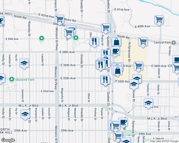 map of restaurants, bars, coffee shops, grocery stores, and more near 3546 Olive Street in Denver