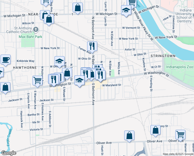 map of restaurants, bars, coffee shops, grocery stores, and more near 2014 West Washington Street in Indianapolis