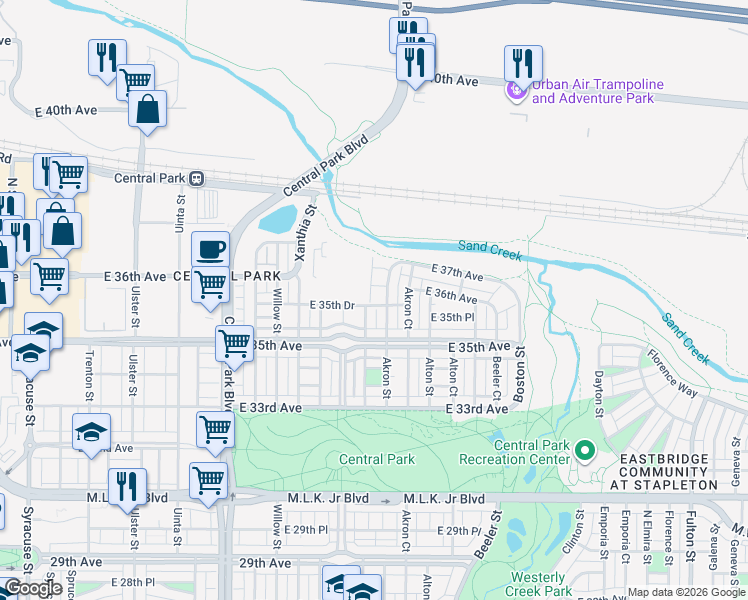 map of restaurants, bars, coffee shops, grocery stores, and more near 3577 Akron Street in Denver