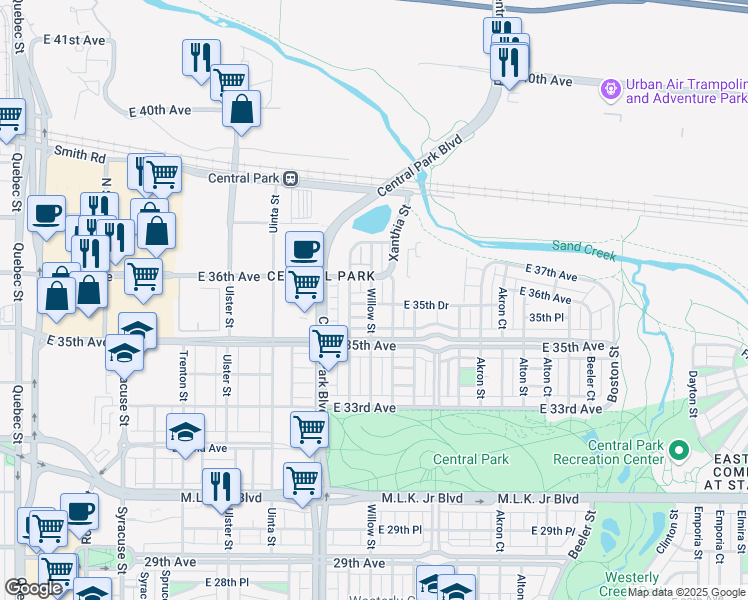 map of restaurants, bars, coffee shops, grocery stores, and more near 3575 Xanthia Street in Denver