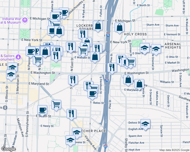 map of restaurants, bars, coffee shops, grocery stores, and more near 711e East Washington Street in Indianapolis