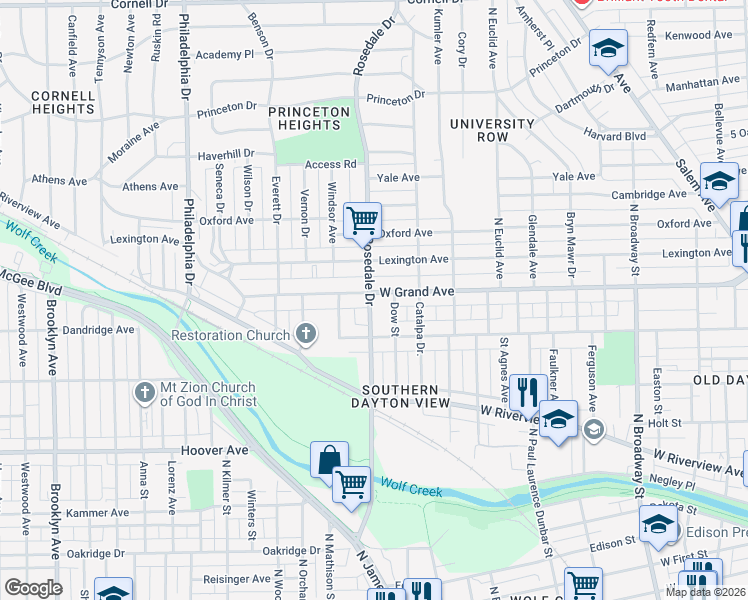 map of restaurants, bars, coffee shops, grocery stores, and more near 1748 West Grand Avenue in Dayton