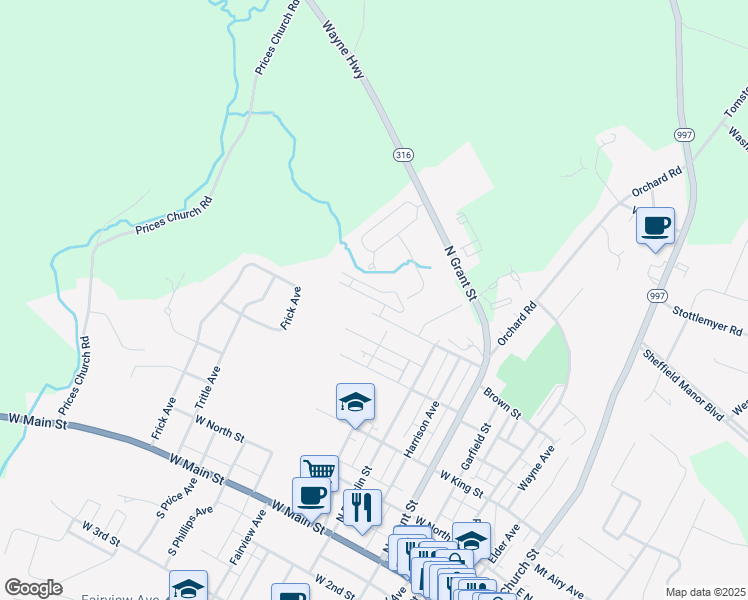 map of restaurants, bars, coffee shops, grocery stores, and more near Viewpoint Way in Waynesboro
