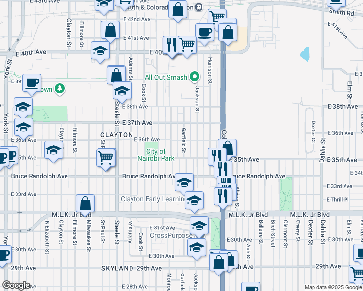 map of restaurants, bars, coffee shops, grocery stores, and more near 3545 Garfield Street in Denver