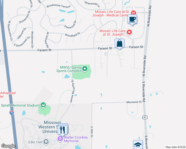 map of restaurants, bars, coffee shops, grocery stores, and more near 202 South Ryans Way in Saint Joseph