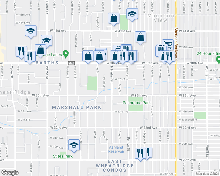 map of restaurants, bars, coffee shops, grocery stores, and more near 3655 North Harlan Street in Wheat Ridge