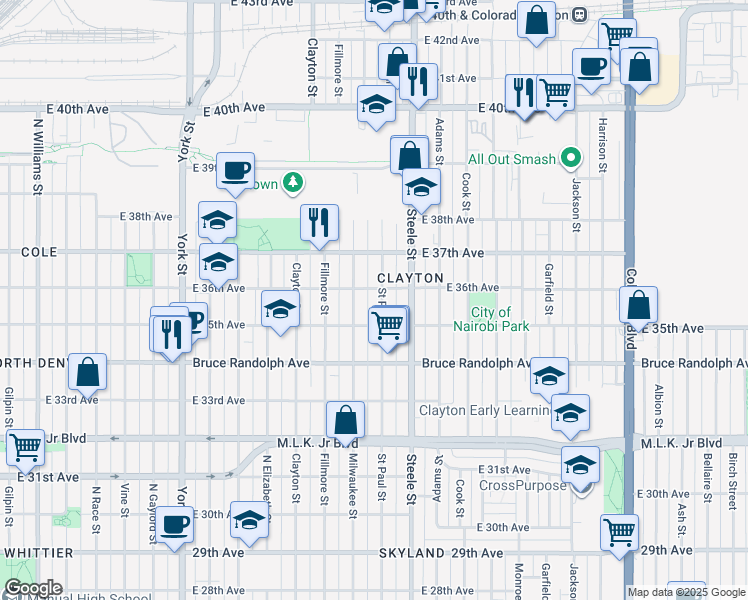 map of restaurants, bars, coffee shops, grocery stores, and more near 3540 Milwaukee Street in Denver