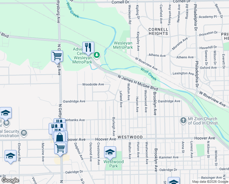 map of restaurants, bars, coffee shops, grocery stores, and more near 1023 Burleigh Avenue in Dayton