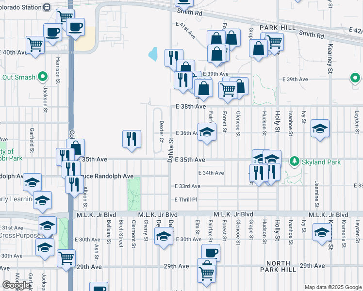 map of restaurants, bars, coffee shops, grocery stores, and more near 3545 Eudora Street in Denver