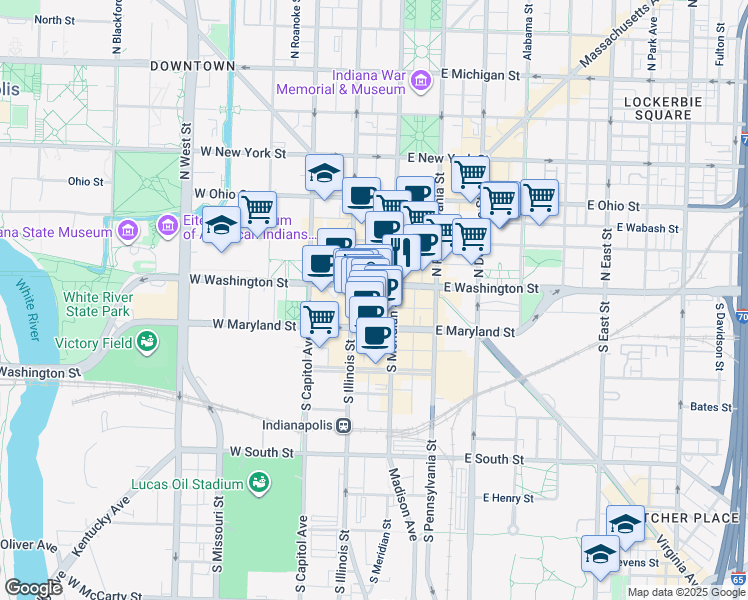 map of restaurants, bars, coffee shops, grocery stores, and more near 49 West Maryland Street in Indianapolis