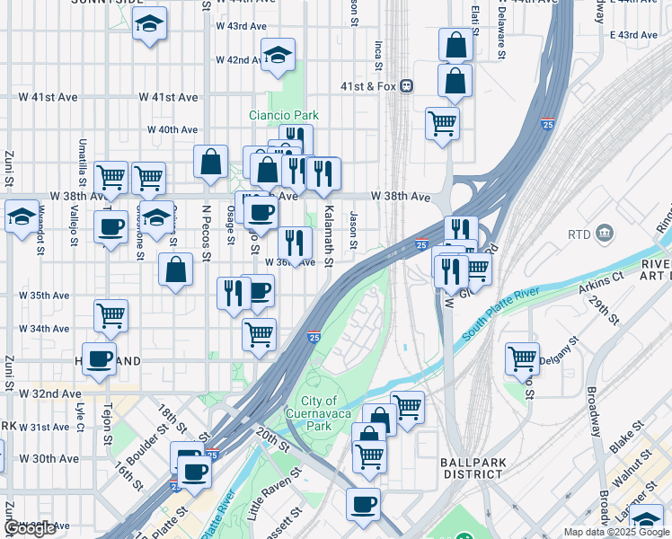 map of restaurants, bars, coffee shops, grocery stores, and more near 3546 Kalamath Street in Denver