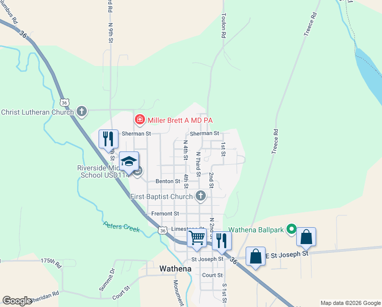 map of restaurants, bars, coffee shops, grocery stores, and more near 750-798 N 4th St in Wathena