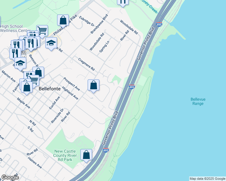 map of restaurants, bars, coffee shops, grocery stores, and more near 1201 Governor House Circle in Wilmington