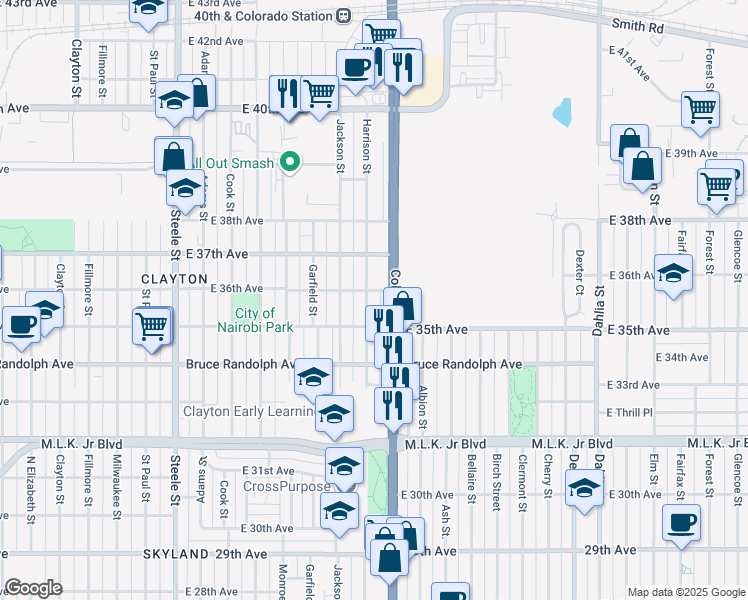 map of restaurants, bars, coffee shops, grocery stores, and more near 3546 Harrison Street in Denver