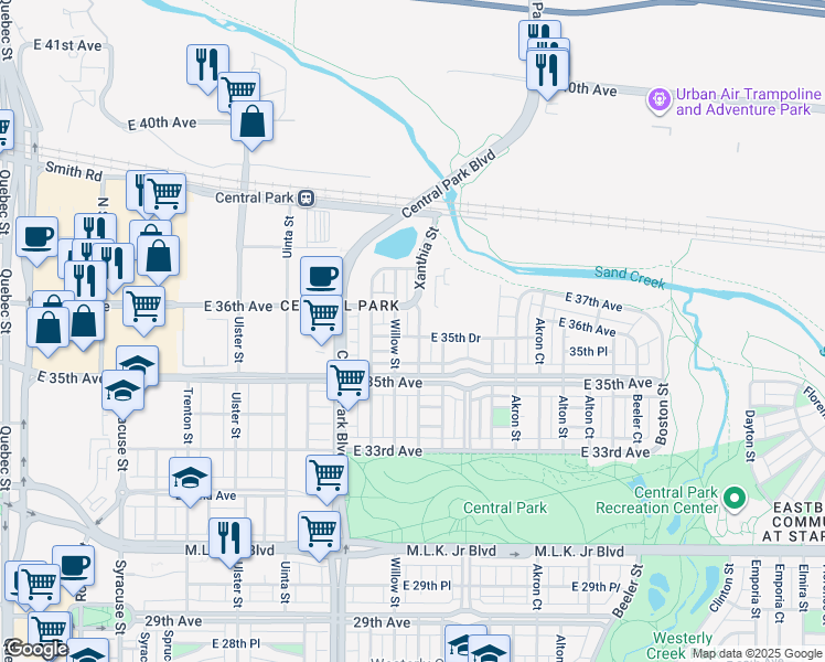 map of restaurants, bars, coffee shops, grocery stores, and more near 3575 Xanthia Street in Denver