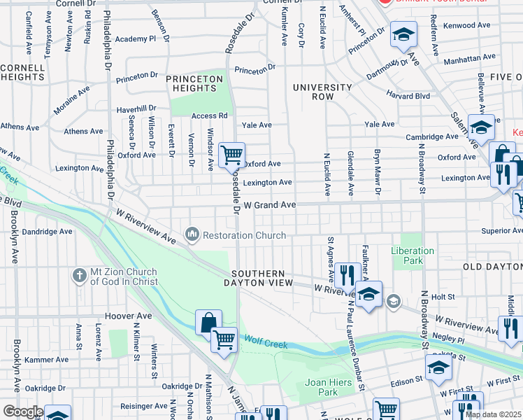 map of restaurants, bars, coffee shops, grocery stores, and more near 1714 West Grand Avenue in Dayton