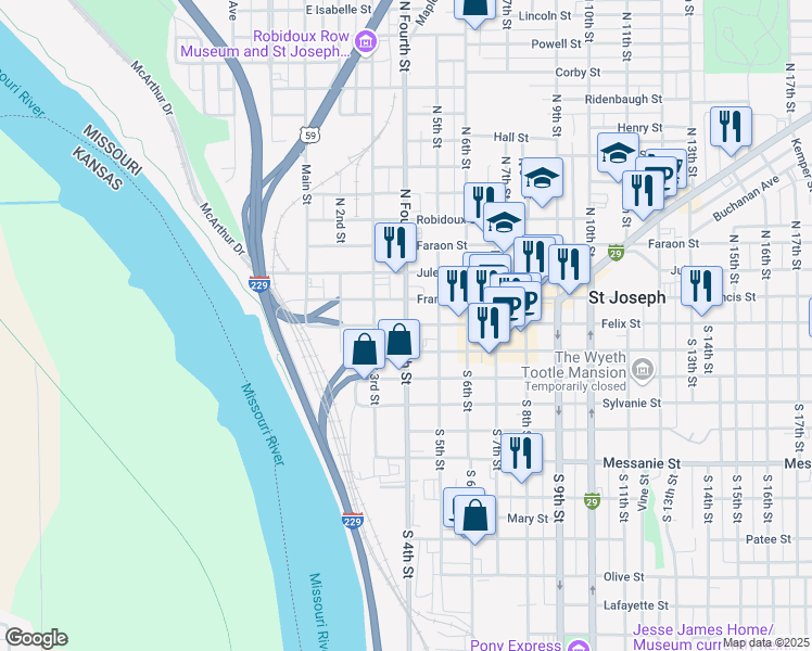 map of restaurants, bars, coffee shops, grocery stores, and more near in Saint Joseph