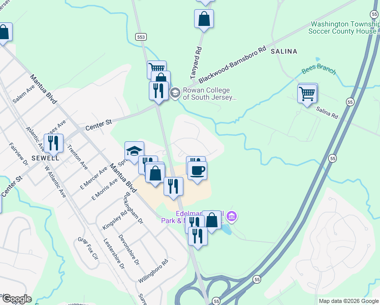map of restaurants, bars, coffee shops, grocery stores, and more near 30 Arbour Lane in Gloucester County