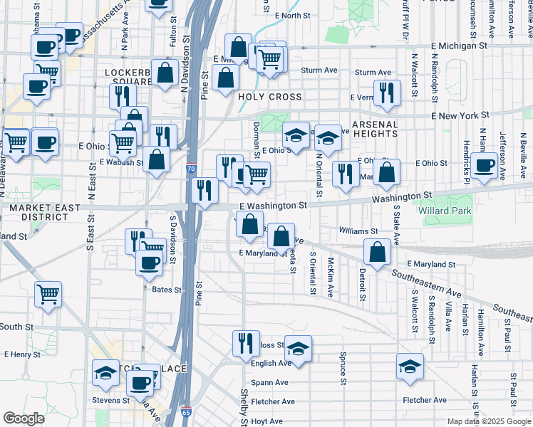map of restaurants, bars, coffee shops, grocery stores, and more near 1133 East Washington Street in Indianapolis