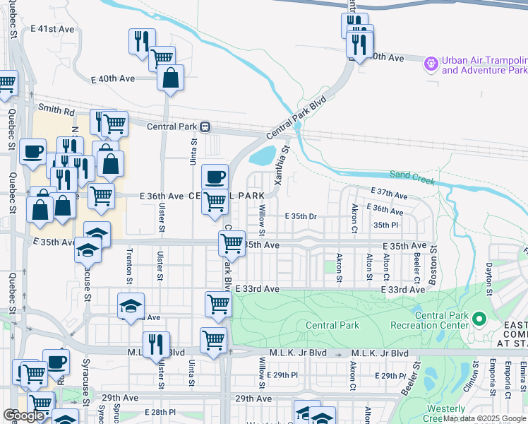 map of restaurants, bars, coffee shops, grocery stores, and more near 3575 Xanthia Street in Denver