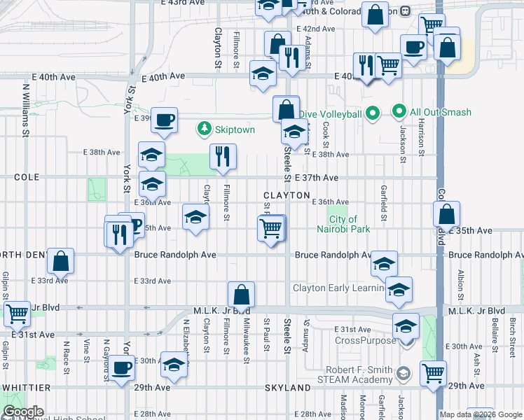 map of restaurants, bars, coffee shops, grocery stores, and more near 3540 Milwaukee Street in Denver