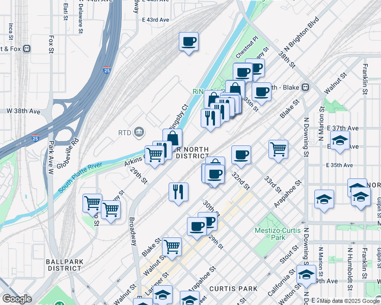 map of restaurants, bars, coffee shops, grocery stores, and more near in Denver