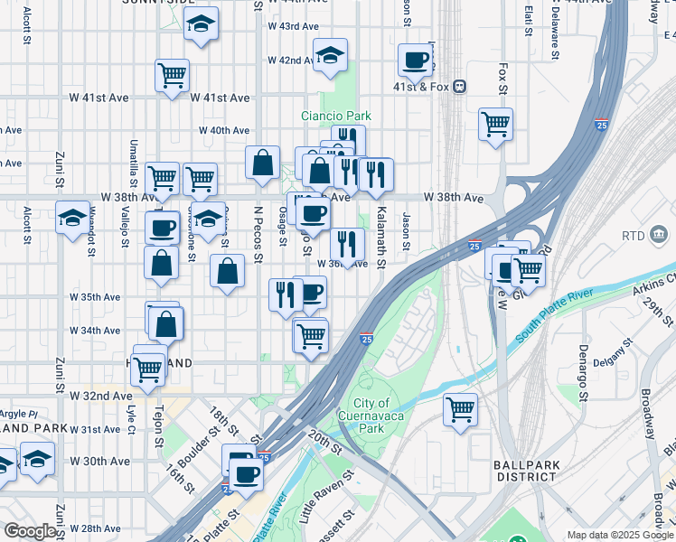 map of restaurants, bars, coffee shops, grocery stores, and more near 3543 Mariposa Street in Denver