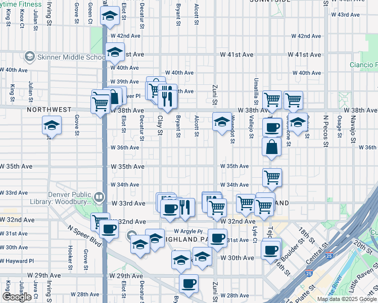 map of restaurants, bars, coffee shops, grocery stores, and more near 2526 West 36th Avenue in Denver