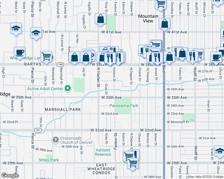 map of restaurants, bars, coffee shops, grocery stores, and more near 3590 Fenton Street in Wheat Ridge