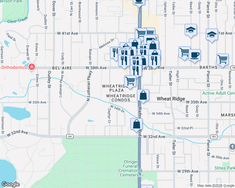 map of restaurants, bars, coffee shops, grocery stores, and more near 7801 West 35th Avenue in Wheat Ridge