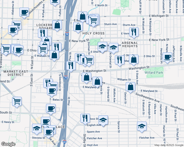 map of restaurants, bars, coffee shops, grocery stores, and more near 1033e East Washington Street in Indianapolis