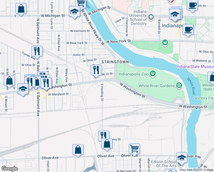 map of restaurants, bars, coffee shops, grocery stores, and more near 55 North Harding Street in Indianapolis