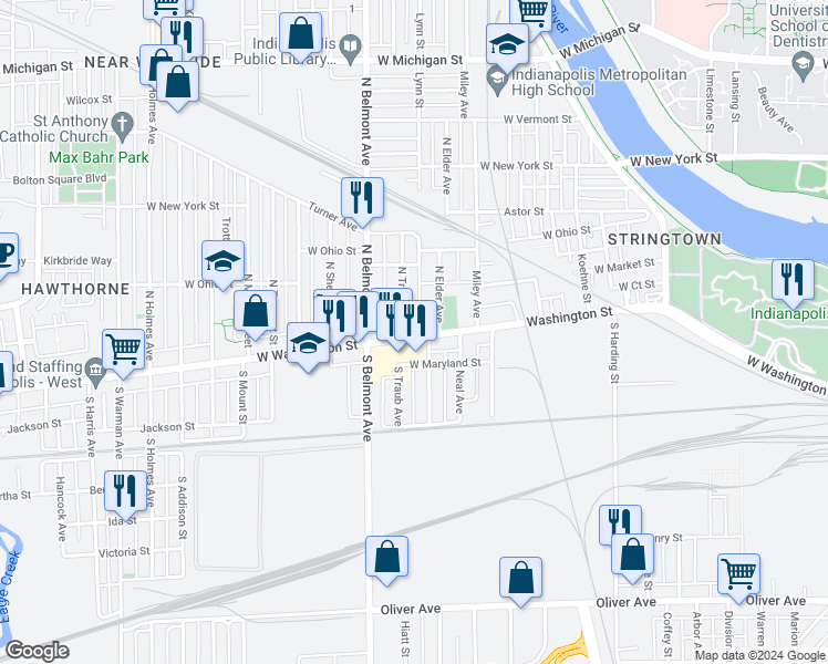 map of restaurants, bars, coffee shops, grocery stores, and more near in Indianapolis