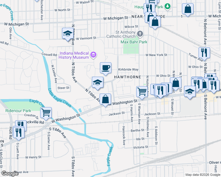 map of restaurants, bars, coffee shops, grocery stores, and more near 52 Central Greens Boulevard in Indianapolis